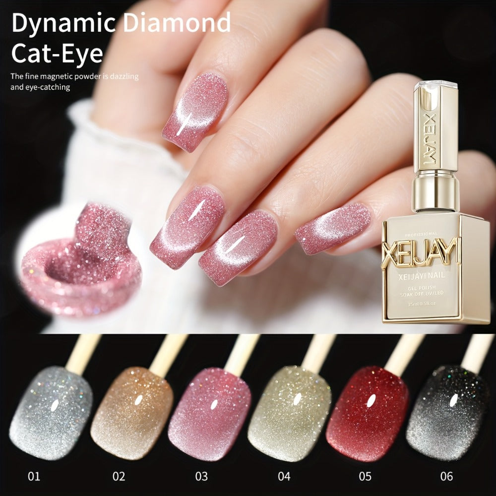 Gel Nail Polish Six-Color Magnetic Cat Eye Set with Sparkling Star and Rhinestone Effects for Nail Art