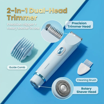 Bikini Trimmer for Women 2-in-1 Dual Head IPX7 Waterproof Electric Shaver Body Hair Trimmer Facial Hair Remover Bikini Underarm Leg Arm Face