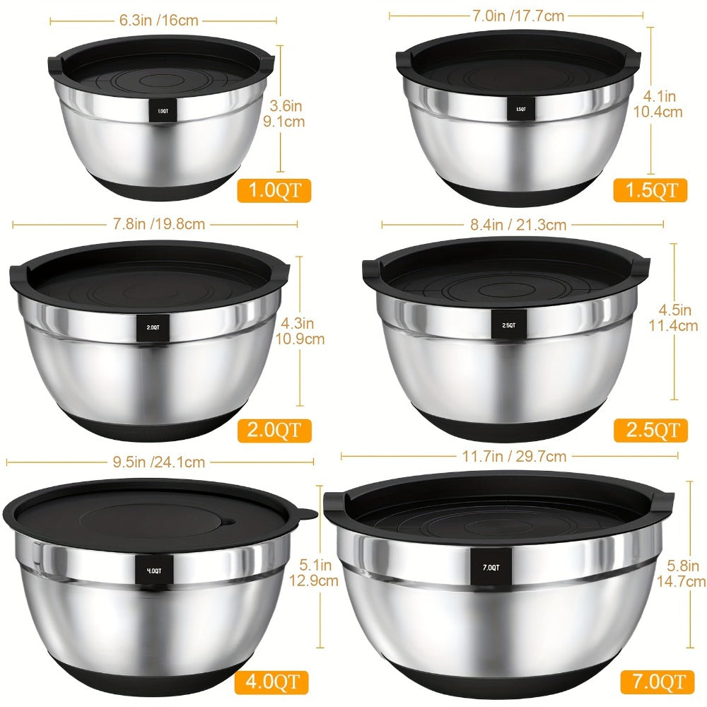 Mixing Bowls Set with Airtight Lids, 26pcs Stainless Steel Bowl Set with 3 Grater Attachments, Bottoms