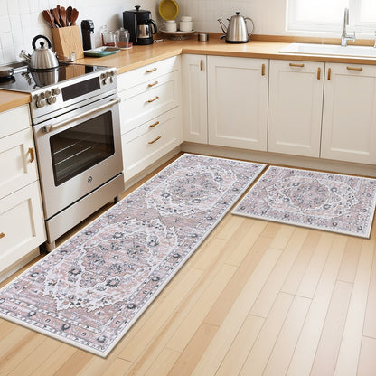 Kitchen Mat Set, 2-Piece Boho Distressed Cushioned Rugs in Five Color Patterns with 17.3x28 and 17.3x48-Inch Sizes