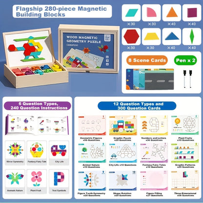 Magnetic Wooden Puzzle Board for Kids, 128/180/220/280 PCS Geometric Shape Recognition & Logical Thinking Toy