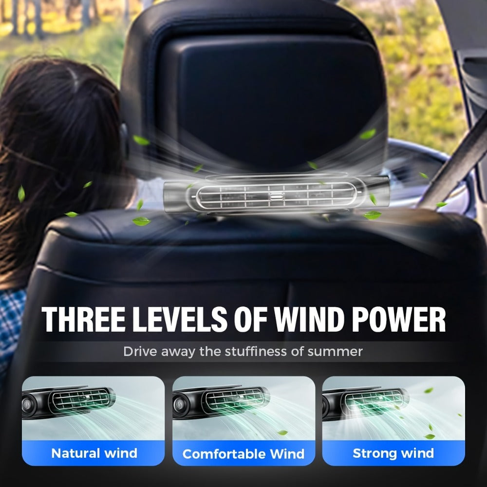 USB Car Seat Fan with Enclosed Air Outlet, Three Speed Settings and White or Black Color Options