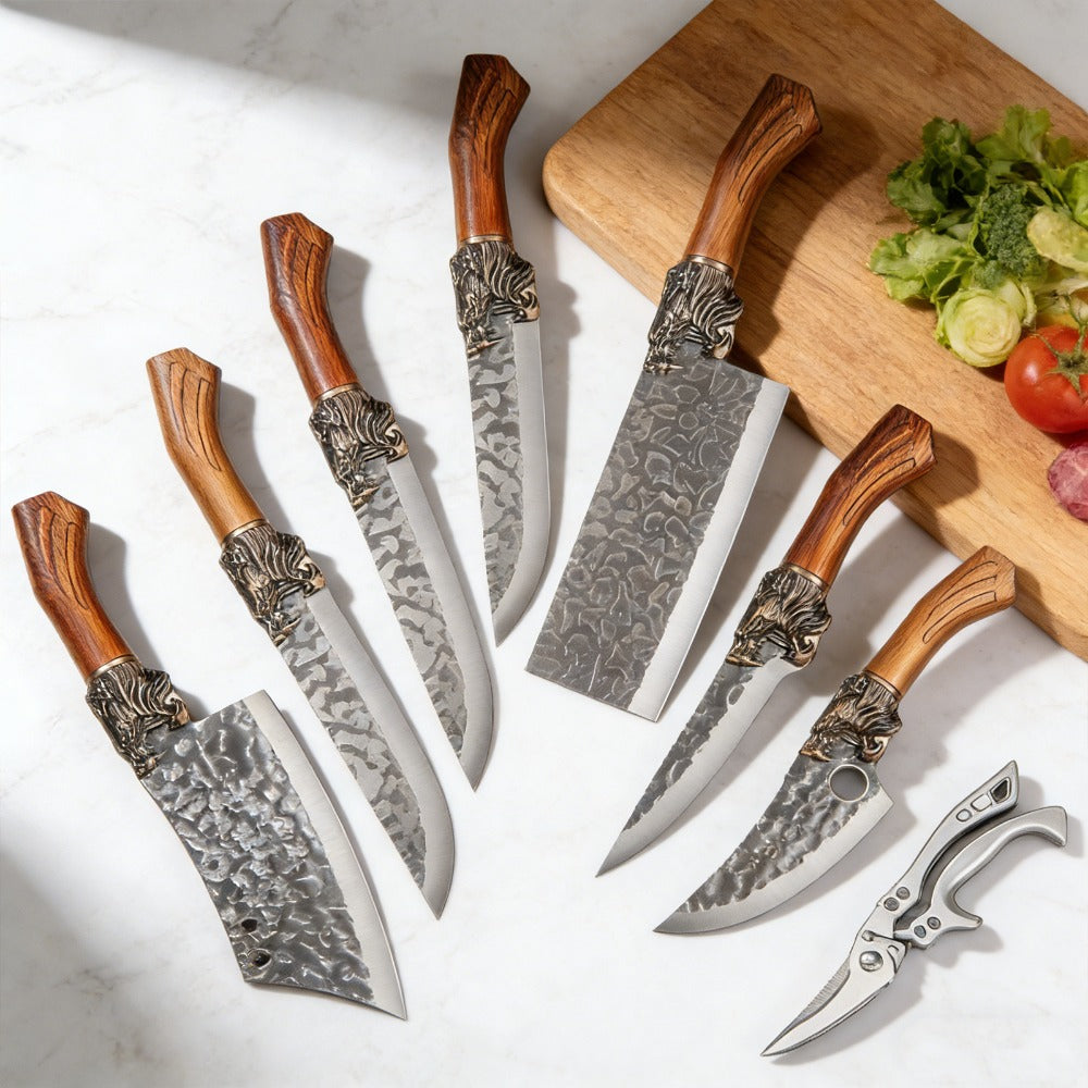 Kitchen Knife Set 4- or 7-Piece Forged Stainless Steel with Boning, Slicing, Butcher Knives, Shears and Rack Options