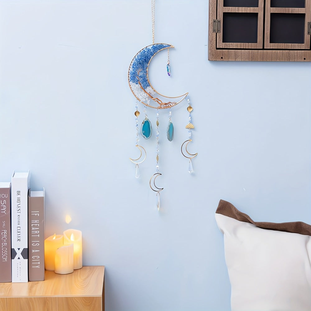 Dreamcatcher Moon Suncatcher Wall Hanging, Handmade Boho Wind Chime Pendant for Indoor Outdoor Garden