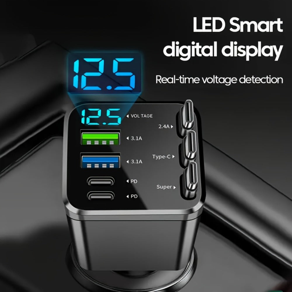 7-in-1 Car Fast Charger with 3 Retractable Cables, LED Digital Display, 180° Adjustable Arm, Universal Plug