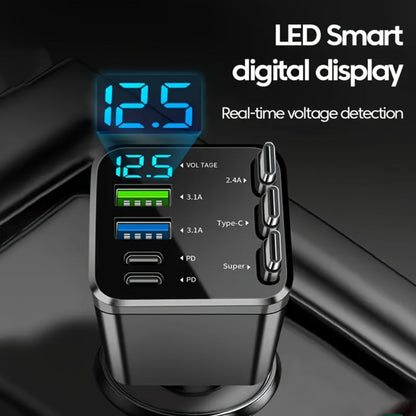 7-in-1 Car Fast Charger with 3 Retractable Cables, LED Digital Display, 180° Adjustable Arm, Universal Plug