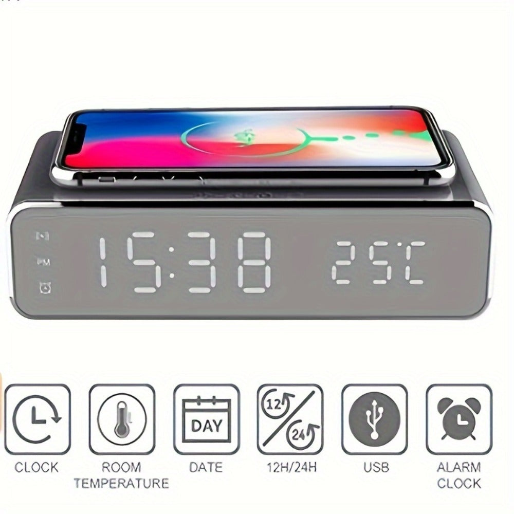 Wireless Charging Alarm Clock with Black or Silver-Tone Housing, Digital Time Display and Top Charging Surface