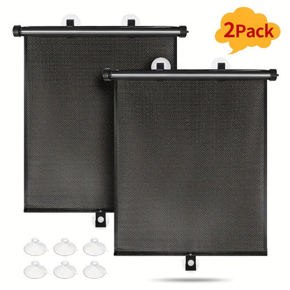 Car Window Curtains 2pcs Retractable PVC Side Window Shades One-Click Storage UV Block Anti-Glare Heat Shield Easy Install Suction Cup Hook