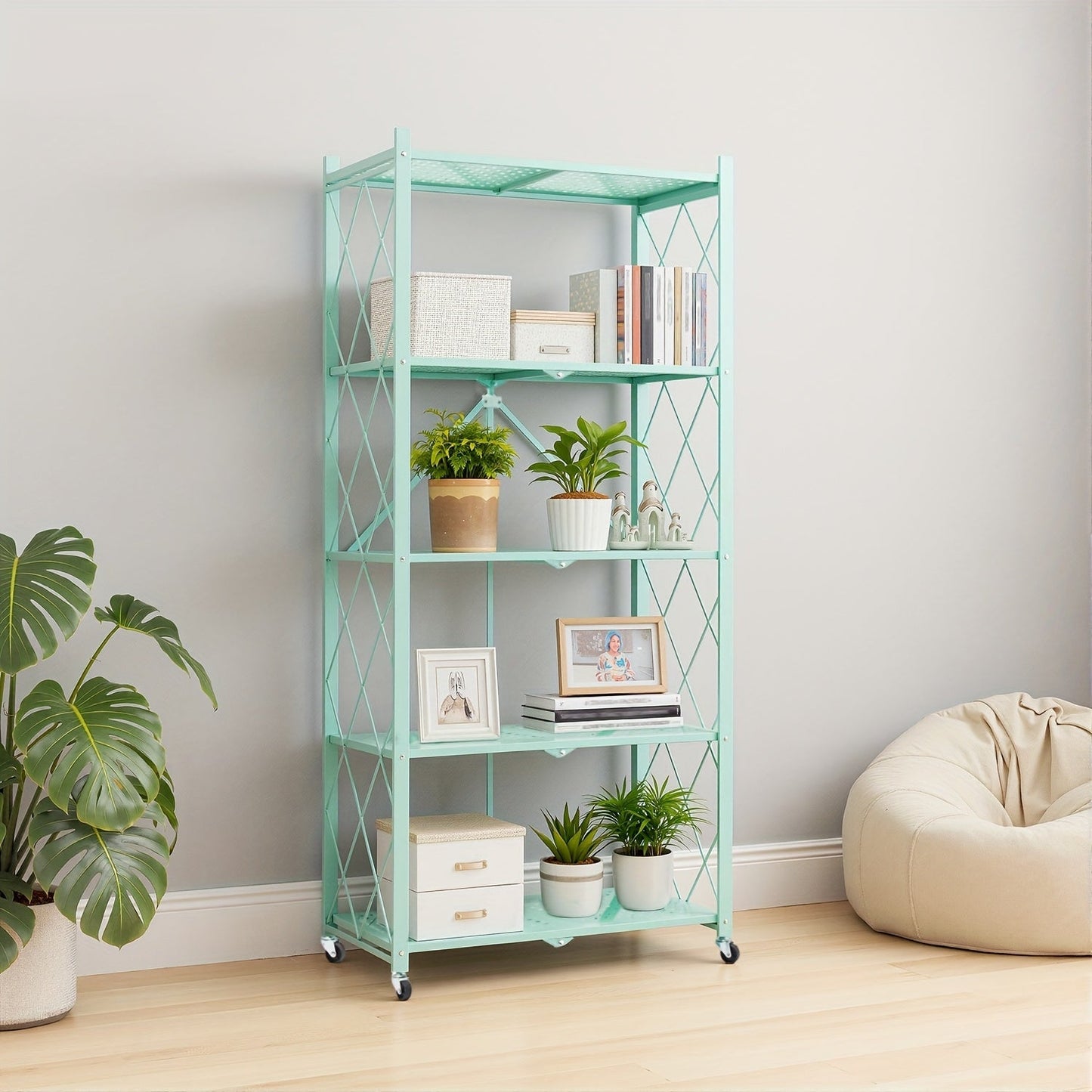 Three-to-Five-Tier Foldable Storage Rack with Carbon Steel Frame, Lockable Wheels and Three Colors