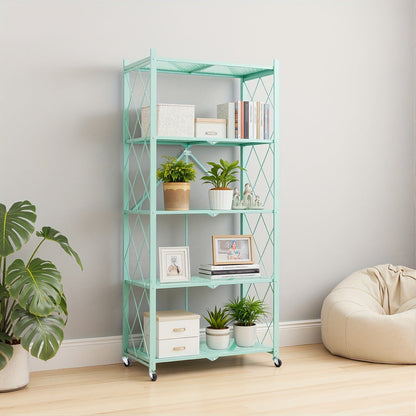 Three-to-Five-Tier Foldable Storage Rack with Carbon Steel Frame, Lockable Wheels and Three Colors