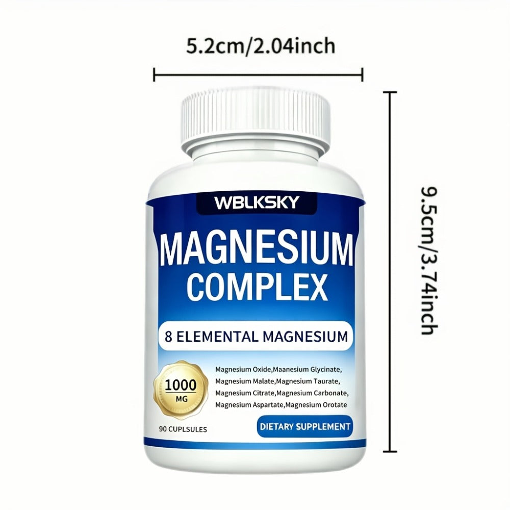 Dietary Supplement Magnesium 8-in-1 Complex with Eight Listed Forms, 1000mg per Capsule, Two Bottles
