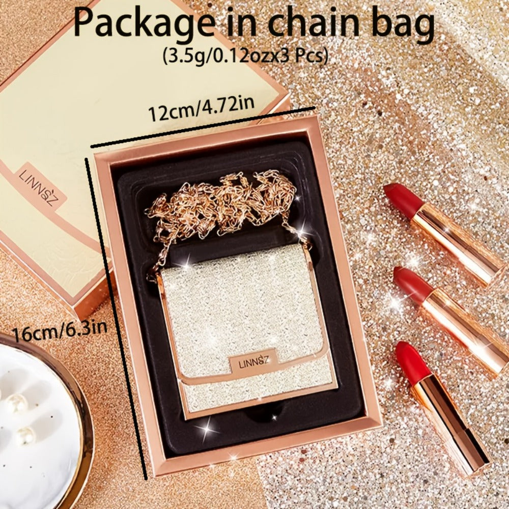 Matte Lipstick Gift Set 3 Pack Velvet Waterproof Long-Lasting Anti-Fading Intense Pigment Full Coverage Lip Color with Elegant Silvery Chain
