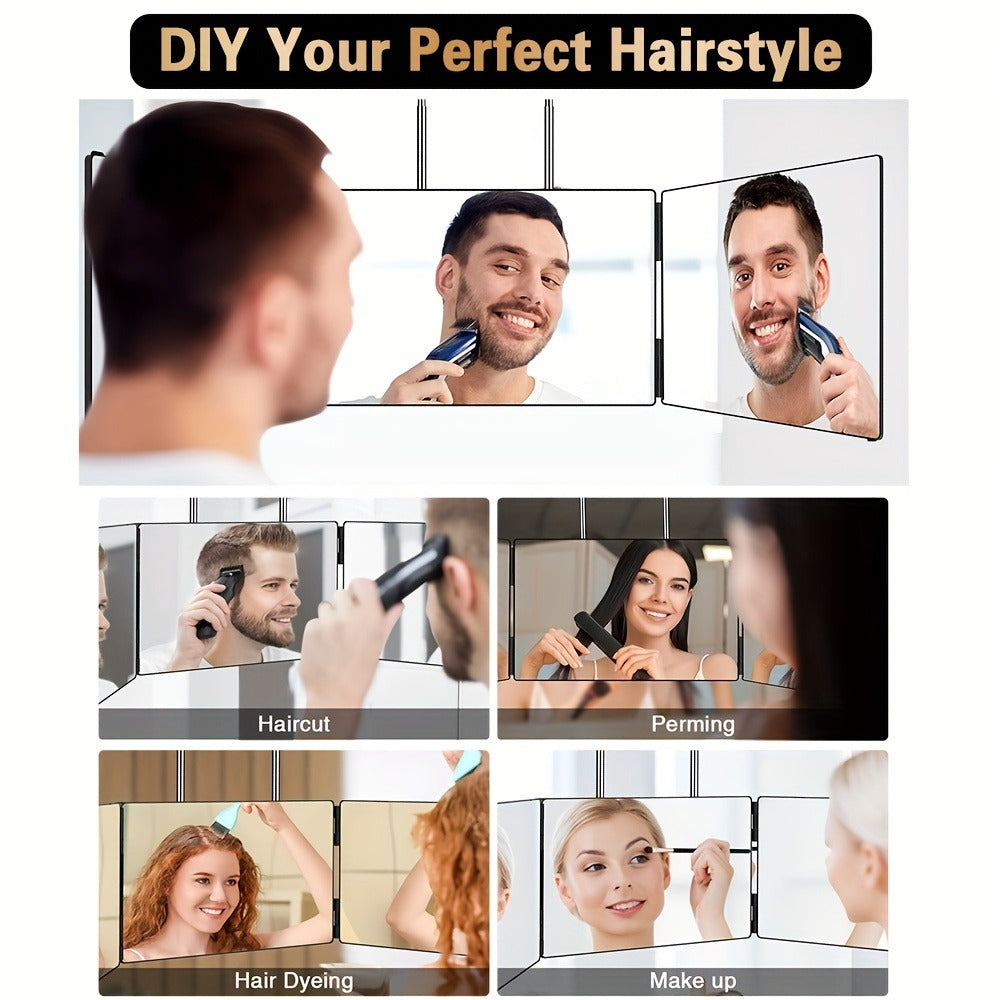 3-Way Self Haircut Mirror with LED Light & Accessories – 360° View Anti-Fog HD Glass, Height Adjustable Door Wall Table Mount