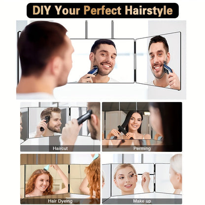 3-Way Self Haircut Mirror with LED Light & Accessories – 360° View Anti-Fog HD Glass, Height Adjustable Door Wall Table Mount