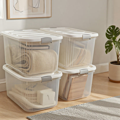 Four-Pack 46-Quart Clear Storage Bins with Latching Lids, Side Handles and Stackable Shape