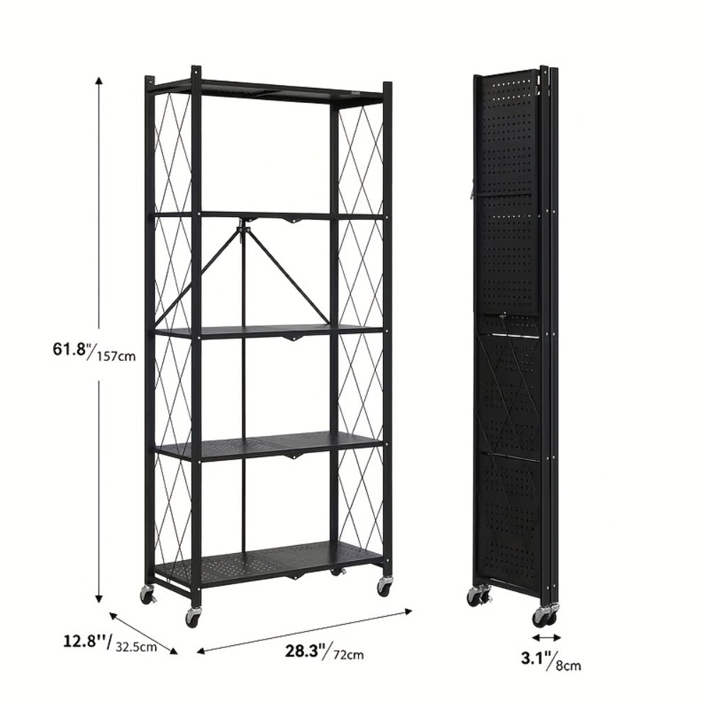 Storage Rack 3-5 Tier Foldable Shelving Unit with Wheels – Portable Multi-Layer Floor Standing Utility Shelf Organizer for Bedroom Closet