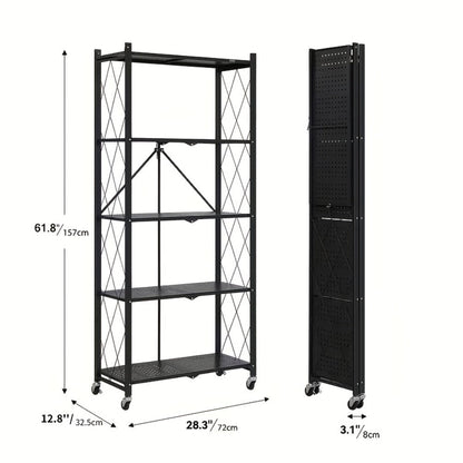 Storage Rack 3-5 Tier Foldable Shelving Unit with Wheels – Portable Multi-Layer Floor Standing Utility Shelf Organizer for Bedroom Closet