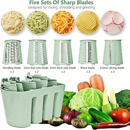 Rotary Cheese Grater with Interchangeable Blades, 5-in-1 Manual Vegetable Slicer Shredder Set, Suction Cup Base