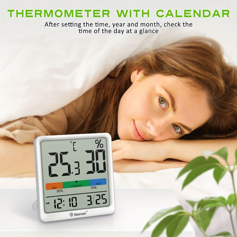 Indoor Thermometer Hygrometer Digital | Accurate Temperature Humidity Monitor with Clock & Calendar | Desktop Room Humidity Gauge for Home