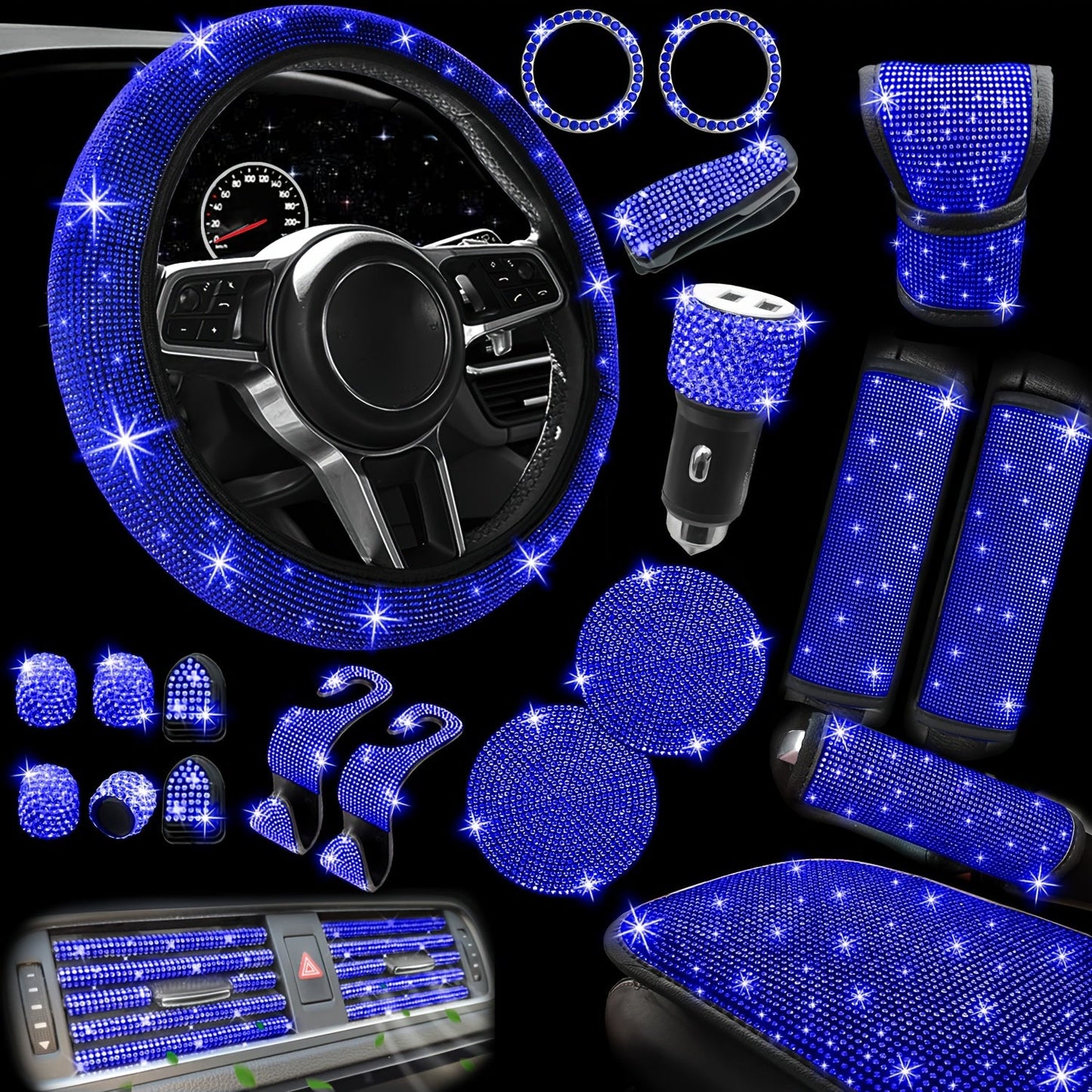 30-Piece Bling Car Interior Accessories Set with 15-Inch Steering Wheel Cover, Seat Belt Pads and Trim