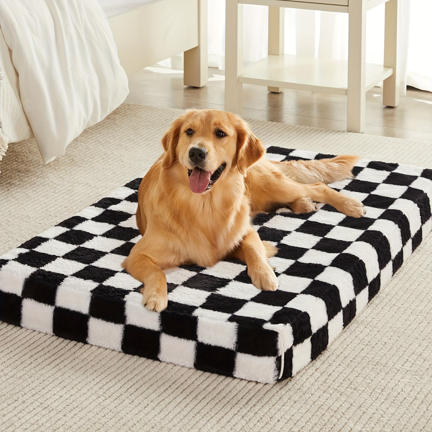 Orthopedic Dog Bed with Removable Washable Cover – Non-Slip Bottom, Black & White Plaid, Soft Memory Foam Dog Sofa Bed