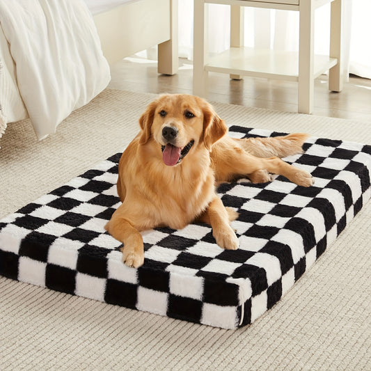 Orthopedic Dog Bed with Removable Washable Cover – Non-Slip Bottom, Black & White Plaid, Soft Memory Foam Dog Sofa Bed