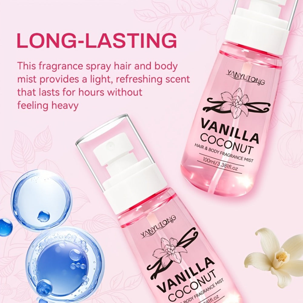 Coconut Vanilla Fragrance Mist Hair & Body Spray – Alcohol-Free with Vitamin E, Argan Oil & Glycerin, Moisturizing Long-Lasting Tropical