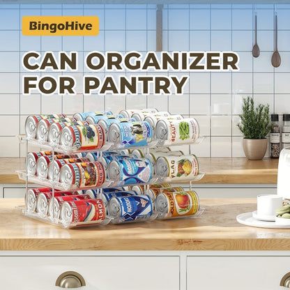 Can Storage Organizer 36-Can 3-Tier Auto-Rolling PET Rack with Assembly Detail for Pantry Use