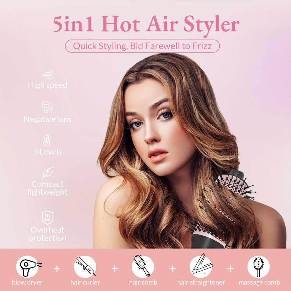 5-in-1 Hot Air Styling Comb Set Negative Ion Hair Dryer Brush with 5 Interchangeable Heads, for Home, Travel and Salon Hair Styling