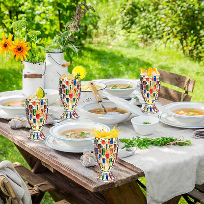Footed Glass Drinkware Set, Color-Block Pattern Goblets in 4 or 8-Piece Options for Table and Party Service