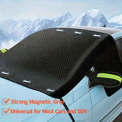 Magnetic Car Sunshade Cover Universal Fit – UV Blocking Heat Insulating Snow Wind Leaf Proof with Reflective Strips