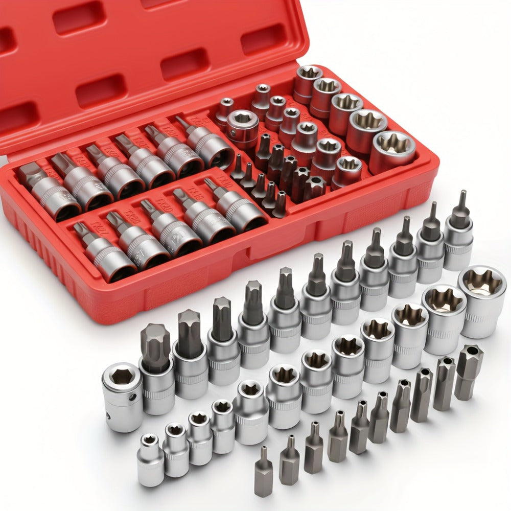 Torx Star Bit Socket Set 34/46-Piece – 3/8" Drive CR-V E-Socket E4-E20, T10-T60, Tamper-Proof TT10-TT55, S2 Steel, 5/16"F to 3/8"M Adapter