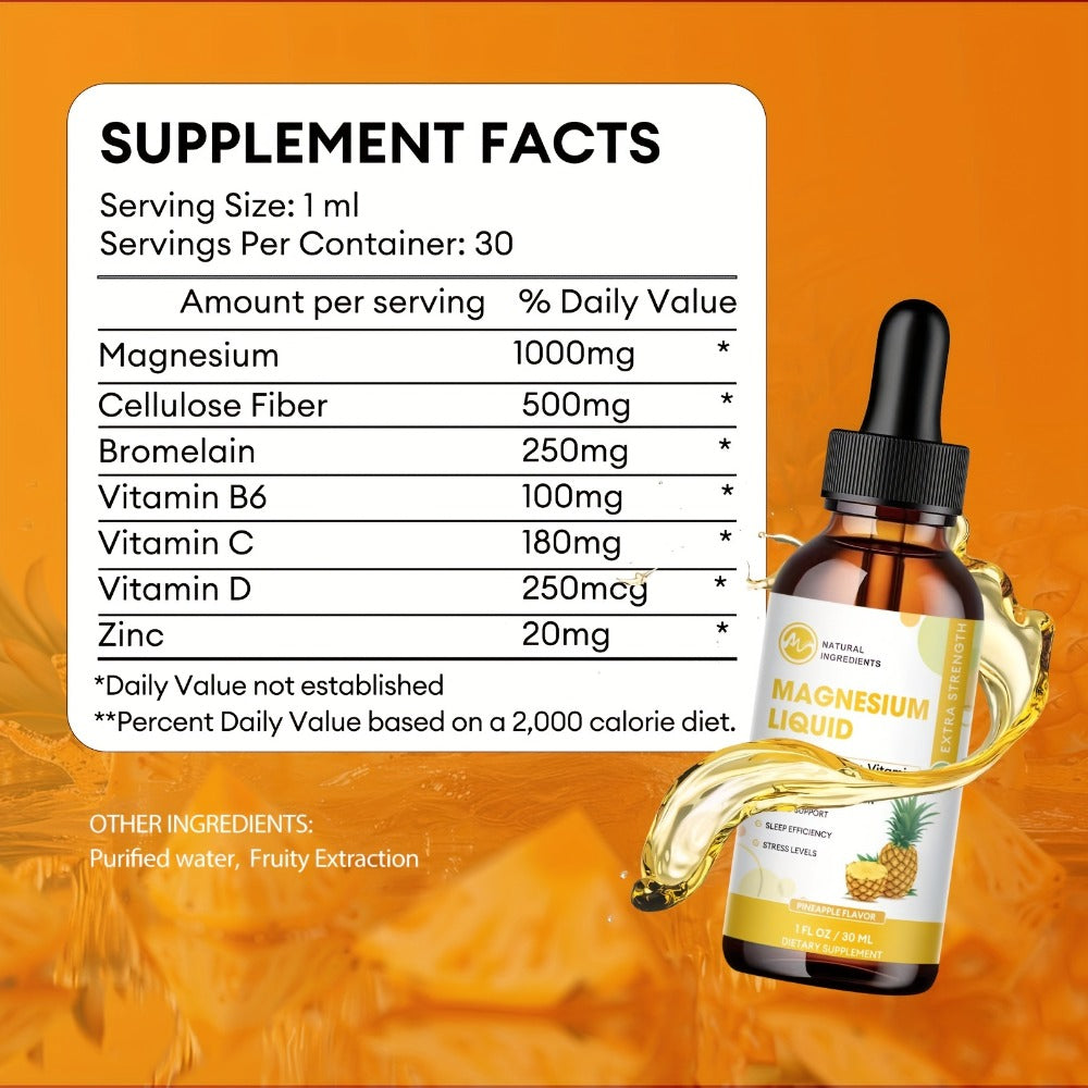 Liquid Magnesium Glycinate Drops 1000mg with Bromelain Cellulose Fiber Vitamin B6 C D & Zinc