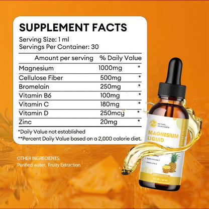 Liquid Magnesium Glycinate Drops 1000mg with Bromelain Cellulose Fiber Vitamin B6 C D & Zinc