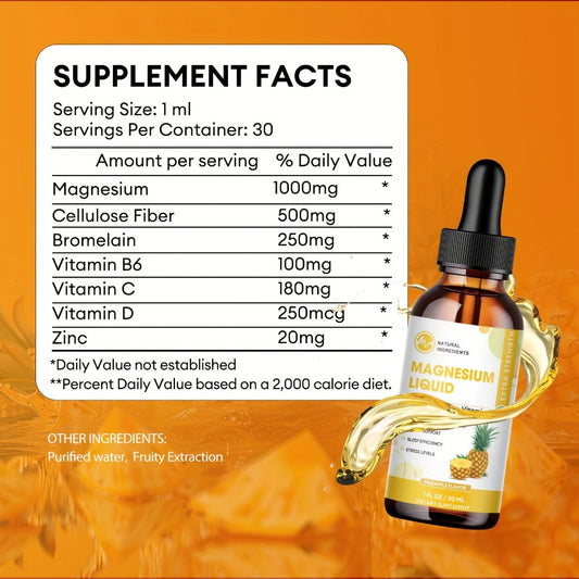 Liquid Magnesium Glycinate Drops 1000mg with Bromelain Cellulose Fiber Vitamin B6 C D & Zinc