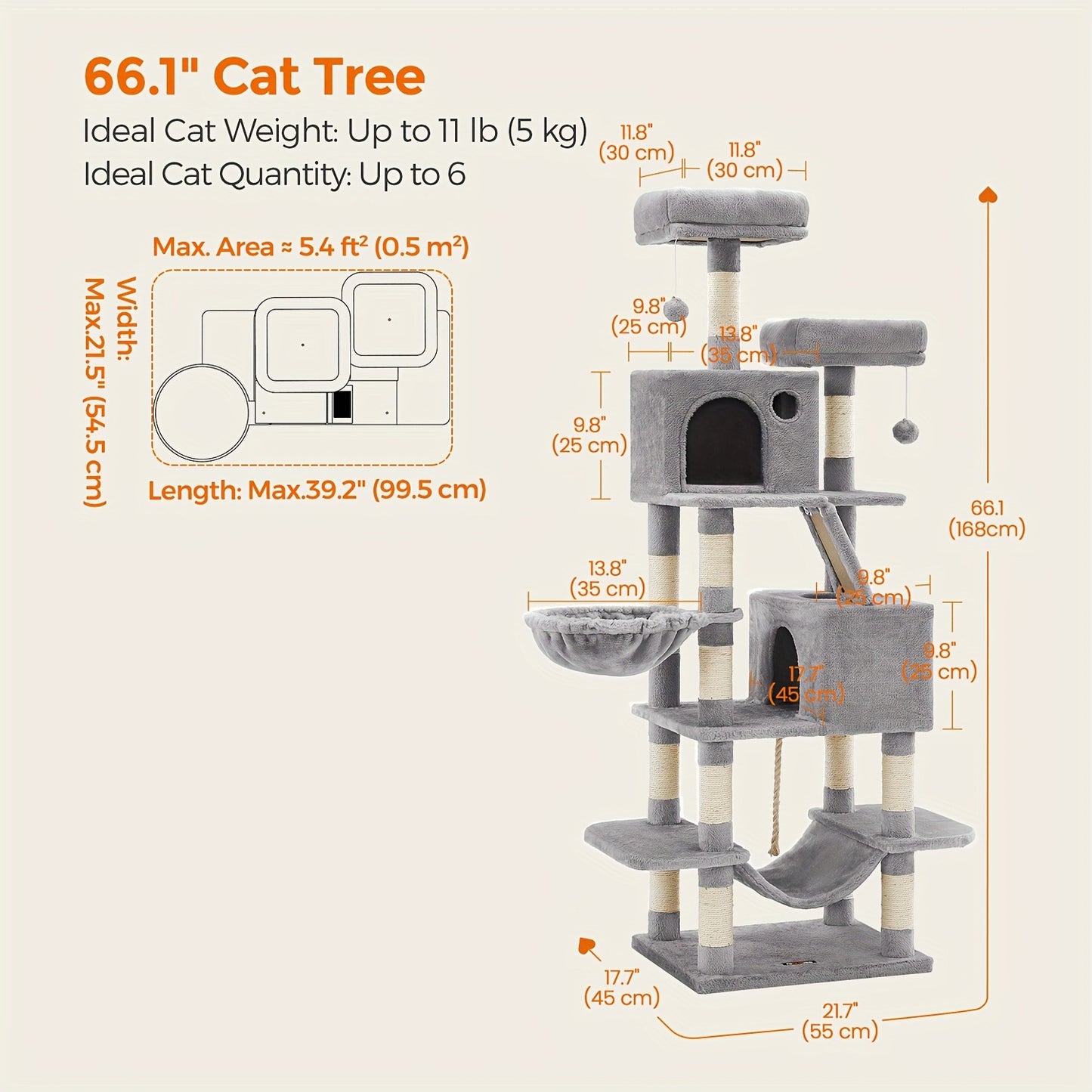 Cat Tree Tower Multi-Level Condo – 44in & 66in with Cozy Cave, Plush Hammock, 4 Sisal Scratching Posts & 2 Perches | Anti-Tilt Stable Cat