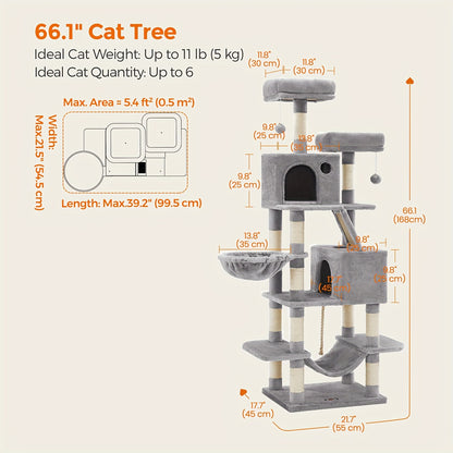 Cat Tree Tower Multi-Level Condo – 44in & 66in with Cozy Cave, Plush Hammock, 4 Sisal Scratching Posts & 2 Perches | Anti-Tilt Stable Cat