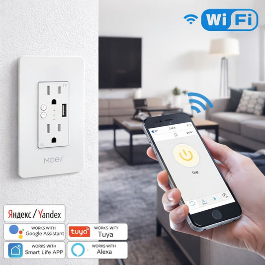 Smart WiFi Wall Outlet with 2 AC Outlets & USB Charging Port, Works with Alexa & Google Home, App Remote Control