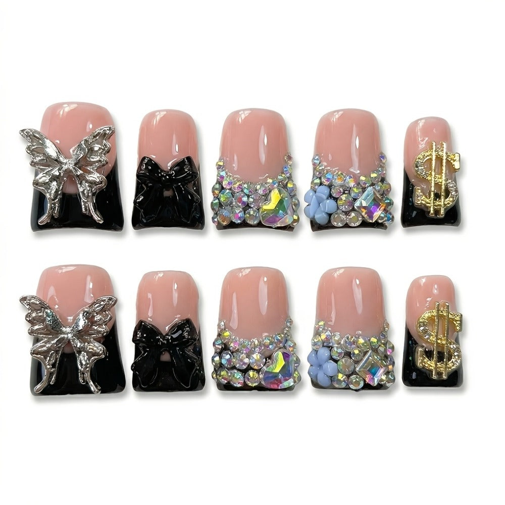 Press On Nails 10-Piece Medium Duckbill Set with Black Nude Color Block, Butterfly, Glitter and AB Rhinestones