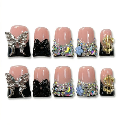 Press On Nails 10-Piece Medium Duckbill Set with Black Nude Color Block, Butterfly, Glitter and AB Rhinestones