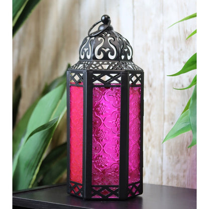 Moroccan Candle Lantern Holder - Decorative Metal & Glass Lantern with Embossed Floral Design for Indoor Home Decor