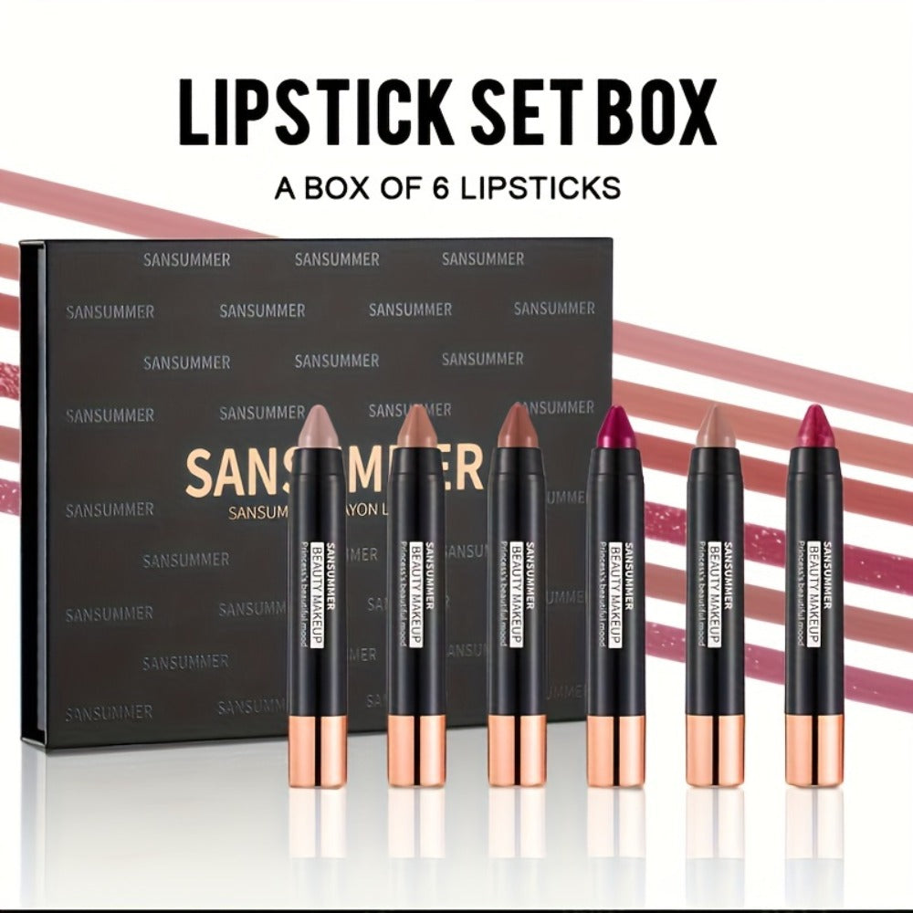 Lipstick Set, SANSUMMER 6-Piece Matte Velvet Crayon Collection in a Black Presentation Gift Box