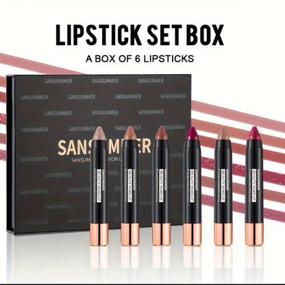 Lipstick Set, SANSUMMER 6-Piece Matte Velvet Crayon Collection in a Black Presentation Gift Box