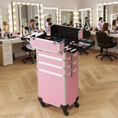 Rolling Makeup Case Aluminum 4-in-1 Extra Large Professional Cosmetic Trolley with 360° Swivel Wheels for Makeup Artist Tattoo Artist Salon