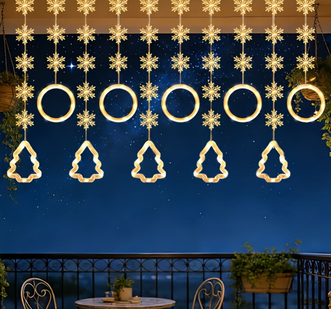 String Lights, 118-Inch USB Holiday Curtain with Ten Snowflake or Star-and-Tree Drops for Indoor Display