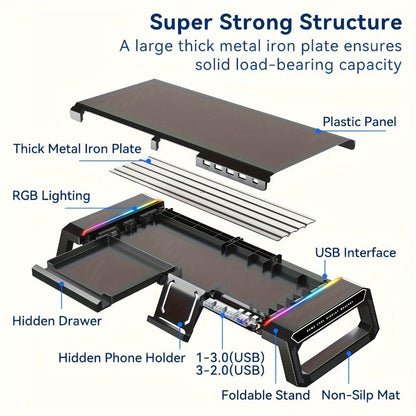 ICE COOREL Monitor Stand Foldable Height Adjustable with Storage Drawer, RGB Lighting & 4 USB Ports
