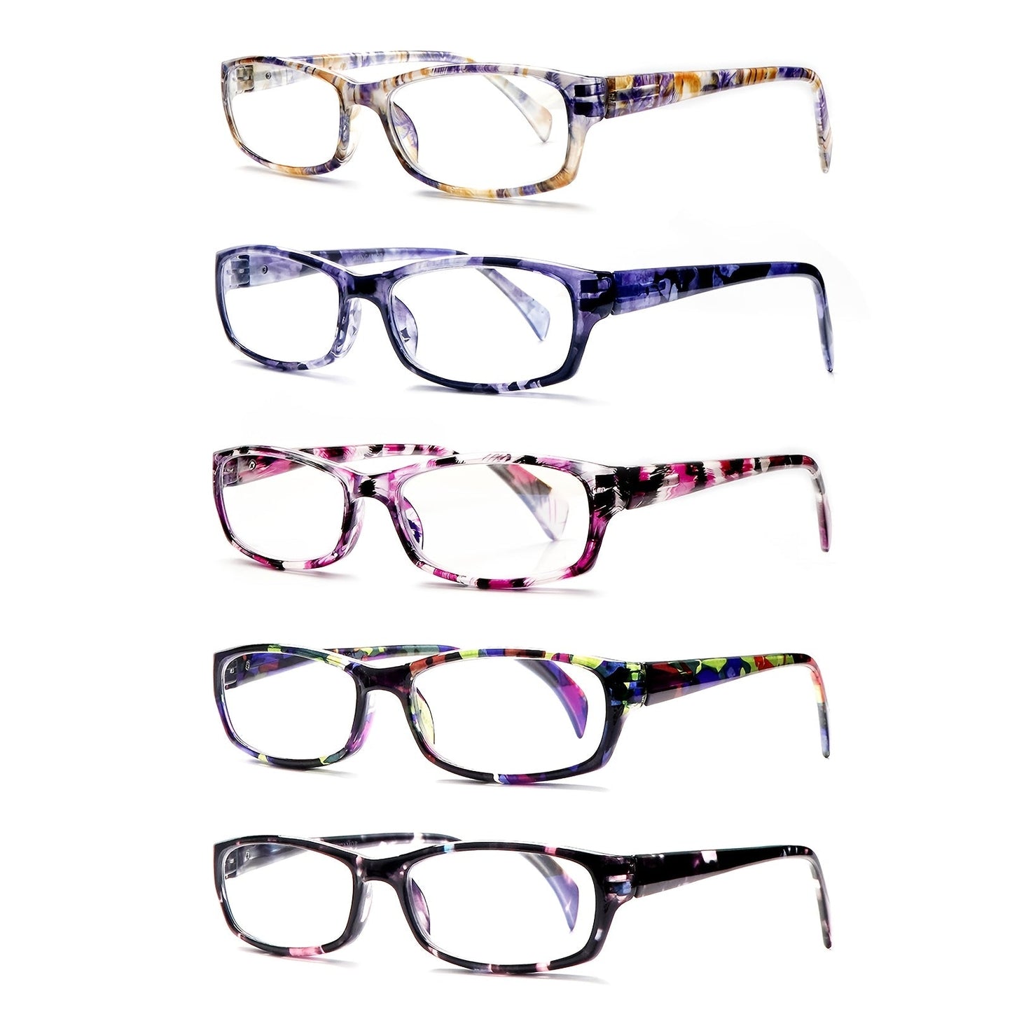 Reading Glasses – Five-Pair Rectangular Set with Spring Hinges and Mixed Colors with Multiple Strength and Color Options
