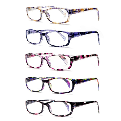 Reading Glasses – Five-Pair Rectangular Set with Spring Hinges and Mixed Colors with Multiple Strength and Color Options