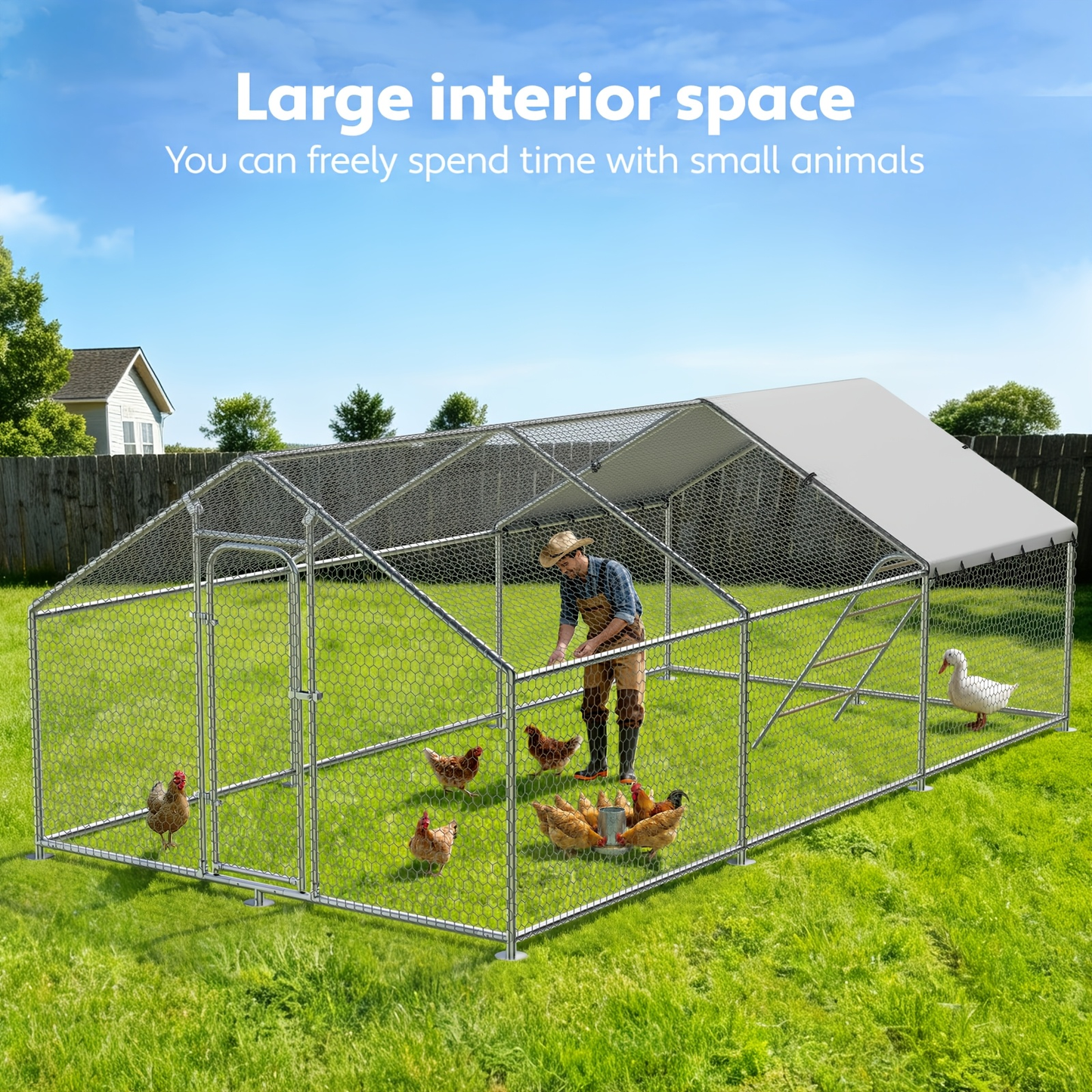 Dog Kennel Outdoor Large Metal Walk-in Chicken Run Pen Poultry Cage with Anti-UV Cover Movable Rack for Garden, Patio and Yard Use
