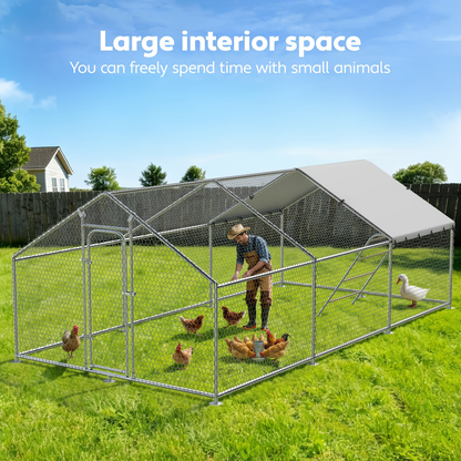 Dog Kennel Outdoor Large Metal Walk-in Chicken Run Pen Poultry Cage with Anti-UV Cover Movable Rack for Garden, Patio and Yard Use
